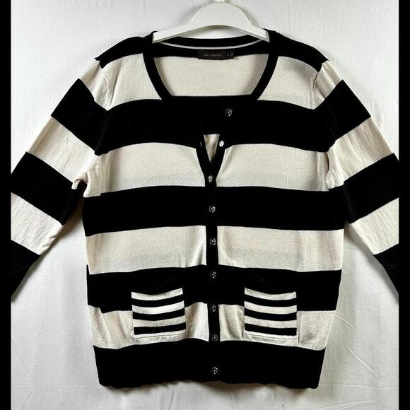 THE LIMITED Black and Ivory Horizontal Stripes Cardigan - XL - Picture 1 of 6